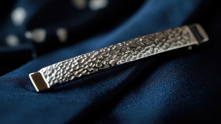This stunning silver hair barrette features a unique hammered texture, elegantly resting on rich dark blue fabric, perfect for adding a touch of sophistication to any outfit.の素材