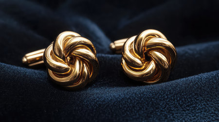 Captivating close-up of elegant golden cufflinks featuring a unique knot design, beautifully displayed against a rich dark velvet fabric background.の素材