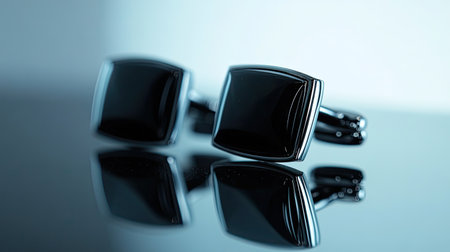 Black cufflinks are placed elegantly on a reflective surface. The soft light creates a striking contrast, emphasizing the sophisticated design and luxury appeal.の素材