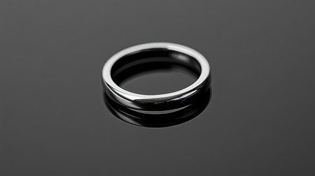 A stunning silver ring rests on a sleek black surface, showcasing its refined design and elegant reflection. Ideal for jewelry and fashion projects.の素材