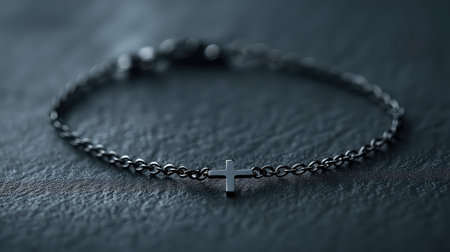 This elegant silver chain bracelet features a minimalist cross design, set against a textured surface, perfect for showcasing personal style and faith.の素材
