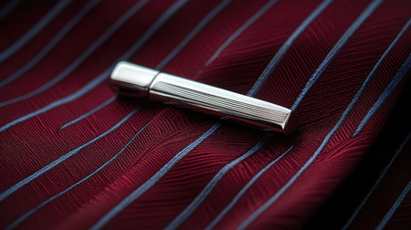 A sleek silver pen rests on a rich burgundy fabric adorned with subtle blue stripes, showcasing elegance and sophistication perfect for professional environments.の素材