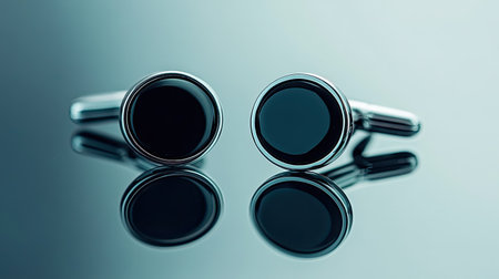 A pair of elegant silver cufflinks featuring a glossy black surface that captures light beautifully. Perfect for adding sophistication to any formal outfit, these accessories are ideal for gifts or special events.の素材
