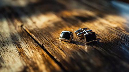 A pair of elegant silver cufflinks featuring dark stones, beautifully resting on a rustic wooden table, capturing the essence of sophistication.の素材