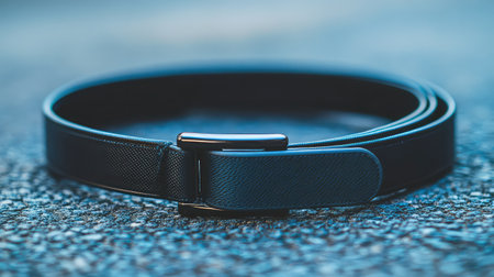 This image features a stylish black leather belt lying flat on a textured surface, showcasing its modern buckle design and craftsmanship.の素材