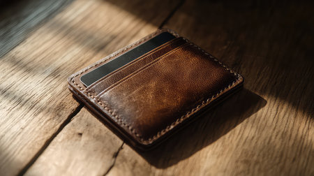 A visually appealing brown leather wallet resting on a wooden surface, captured in soft sunlight, showcasing its elegant texture and design details.の素材