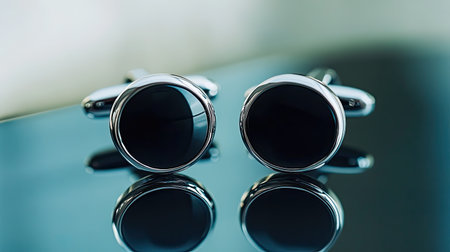 Sleek and elegant black cufflinks showcased against a glossy glass background, ideal for completing formal outfits or professional attire.の素材