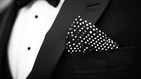 A close-up image showcasing an elegant black tuxedo with a stylish polka dot pocket square, perfect for formal occasions and celebrations.の素材