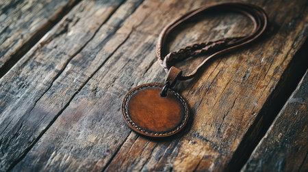 A rustic leather pendant rests on a natural wooden table, showcasing warm tones and intricate craftsmanship. Ideal for fashion and lifestyle themes.の素材