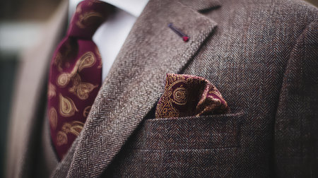 A close-up view of a man dressed in a stylish tweed suit, complemented by a sophisticated tie and a rich pocket square, highlighting fashionable details.の素材