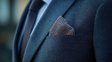 A sophisticated close-up of a stylish suit jacket featuring a unique pocket square. This image highlights luxury fashion detail and professionalism in attire.の素材