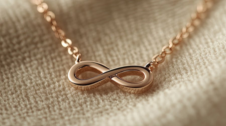 This image showcases an elegant rose gold infinity necklace resting on a soft fabric background, perfect for jewelry photography and fashion accessories.の素材