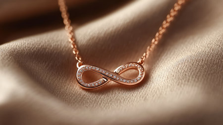 This stunning rose gold infinity necklace features intricate diamond detailing, set against a soft fabric background, creating a luxurious and elegant display.の素材