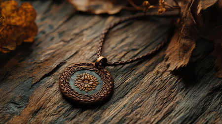 This image showcases a handcrafted pendant featuring an intricate floral design, resting on a weathered wooden surface, illuminated by natural light.の素材