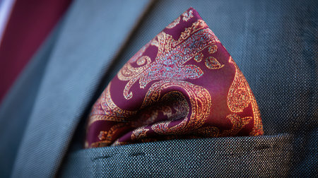 A close-up view of an elegant burgundy pocket square with intricate gold patterns, perfectly placed in a tailored suit pocket, ideal for formal occasions.の素材