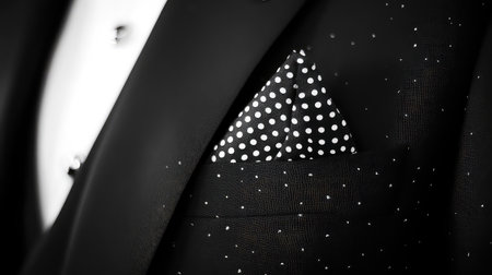 This close-up image showcases an elegant black suit featuring a white polka dot handkerchief, emphasizing fine tailoring and sophisticated details.の素材