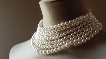 This captivating image showcases an elegant pearl necklace elegantly draped on a mannequin. The soft lighting highlights the richness and texture of the pearls, creating a luxurious atmosphere. Perfect for jewelry, fashion, or elegance-themed projects.の素材