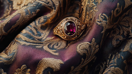 A stunning vintage ring featuring a deep red gemstone sits gracefully on a luxurious fabric background, highlighting intricate patterns and elegance.の素材