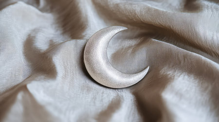 A beautiful silver crescent moon symbol resting on smooth satin fabric, creating an elegant and dreamy visual perfect for artistic and stylish projects.の素材
