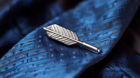A stunning silver feather lapel pin rests on a rich blue satin tie, showcasing intricate design and elegant craftsmanship, ideal for formal occasions.の素材