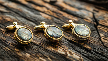 A stunning display of elegant gold cufflinks featuring round dark stones, set against a rustic wood backdrop, perfect for fashion and accessory themes.の素材