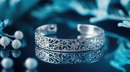 This stunning silver bracelet features an intricate design and elegant reflection, highlighting its beauty against a blue backdrop. Perfect for jewelry lovers.の素材