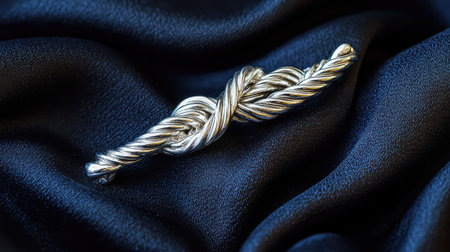This image features a beautifully crafted silver brooch, elegantly twisted, resting on a rich black fabric. Ideal for showcasing fashion accessories.の素材