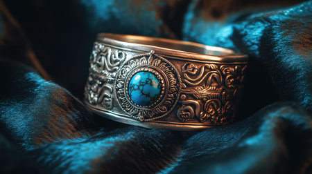 This stunning silver bracelet features an intricate design with a beautiful turquoise stone, set against a rich dark fabric, showcasing craftsmanship and elegance.の素材