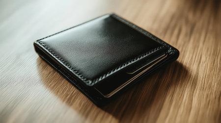 This stylish black leather wallet resting on a wooden surface embodies elegance and practicality, perfect for fashion-focused shoots and lifestyle narratives.の素材