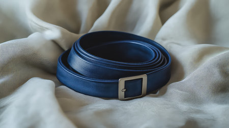 This image features a rolled dark blue leather belt resting on a soft cream fabric backdrop, showcasing elegance and simplicity in fashion accessories.の素材