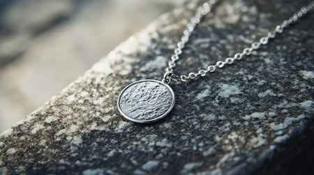 A stunning silver pendant necklace rests on a beautifully textured stone surface, showcasing the intricate craftsmanship and elegance of jewelry design.の素材