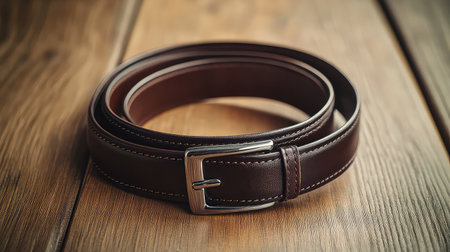 This image showcases a classic brown leather belt resting on a rustic wooden surface, highlighting its elegant design and quality craftsmanship. Perfect for fashion-oriented storage or display.の素材