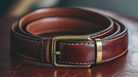 This detailed image showcases an elegant brown leather belt featuring a classic buckle, highlighting craftsmanship and style on a rich leather backdrop.の素材