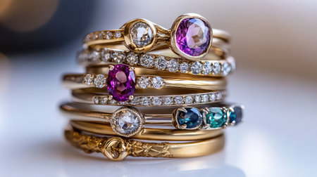 A stunning collection of elegant gold rings adorned with colorful gemstones and sparkling diamonds, perfect for fashion enthusiasts and jewelry lovers.の素材