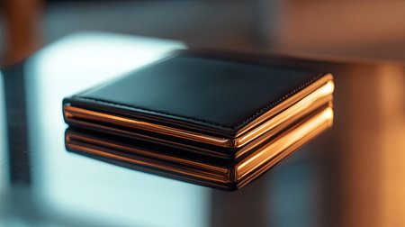 This elegant black wallet sits gracefully on a reflective surface, illuminated by warm lighting, enhancing its luxurious appeal and stylish design.の素材