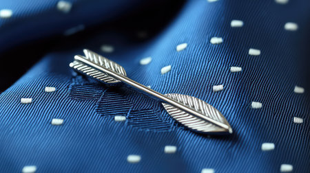 This close-up image features a sleek silver arrow lapel pin resting on a vibrant blue fabric adorned with white polka dots, highlighting men's fashion and elegance.の素材