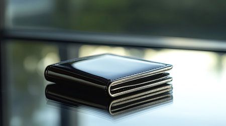 A sleek black wallet rests on a smooth reflective surface, showcasing its modern design and elegant finish, perfect for lifestyle and fashion themes.の素材