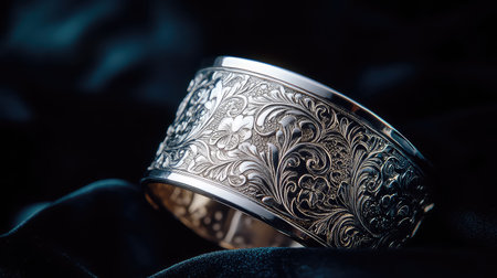 A stunning silver bracelet featuring intricate floral engravings, captured against a rich dark background, showcasing the beauty of fine craftsmanship and elegance.の素材