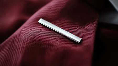 A close-up image of a sleek silver tie clip resting on rich burgundy fabric, showcasing modern design and craftsmanship for men's fashion. Perfect for style inspiration.の素材