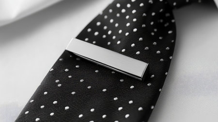 Capture the essence of sophistication with this closeup of a sleek tie clip on a classic black tie adorned with polka dots, perfect for formal occasions.の素材