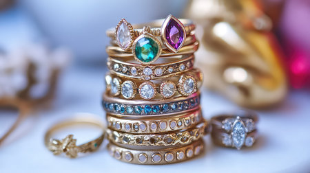 A beautiful stack of colorful rings featuring various gemstones and diamonds. The intricate designs and shimmering surfaces create a stylish display perfect for any jewelry lover.の素材