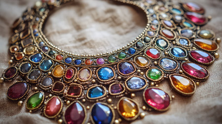 This stunning vintage necklace showcases a vibrant array of multicolored gems set in intricate designs, perfect for adding elegance to any outfit.の素材