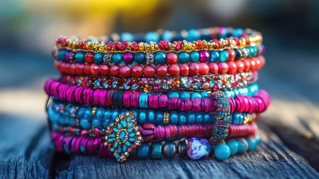 A beautifully arranged stack of colorful handmade bracelets showcases vibrant beads and intricate designs, highlighting artistic craftsmanship and charm.の素材