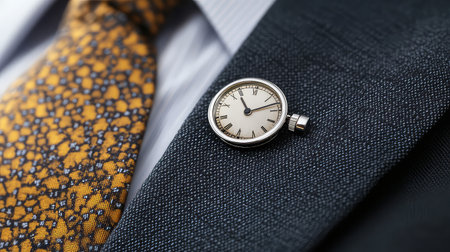 This image captures a striking vintage pocket watch adorning a tailored suit jacket lapel, showcasing timeless elegance and sophistication for men's fashion.の素材