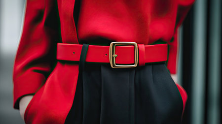 A striking fashion ensemble featuring a vibrant red blouse and tailored black trousers, accentuated by a stylish belt. This closeup captures modern elegance and chic style.の素材