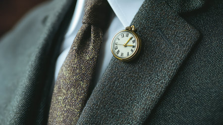 This captivating image features an elegant vintage pocket watch attached to a tailored suit, showcasing a sophisticated tie and rich textures, perfect for style.の素材