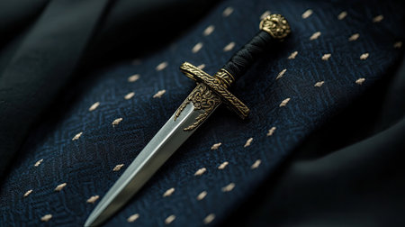 A stunning closeup of an exquisite dagger featuring an ornate gold handle, resting elegantly on a dark fabric background, capturing intricate craftsmanship.の素材