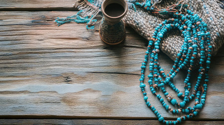This captivating image features vibrant turquoise beads elegantly arranged with a charming artisan pot and ornate textile on a rustic wooden background, evoking warmth.の素材