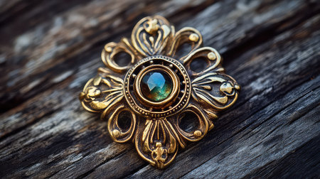 This stunning vintage brooch features intricate detailing and a vibrant gemstone, resting elegantly on a rustic wooden surface, showcasing timeless beauty.の素材