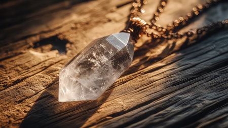 This stunning crystal pendant showcases a meticulous wire-wrapped design against a warm wooden backdrop, capturing the essence of elegance and natural beauty.の素材
